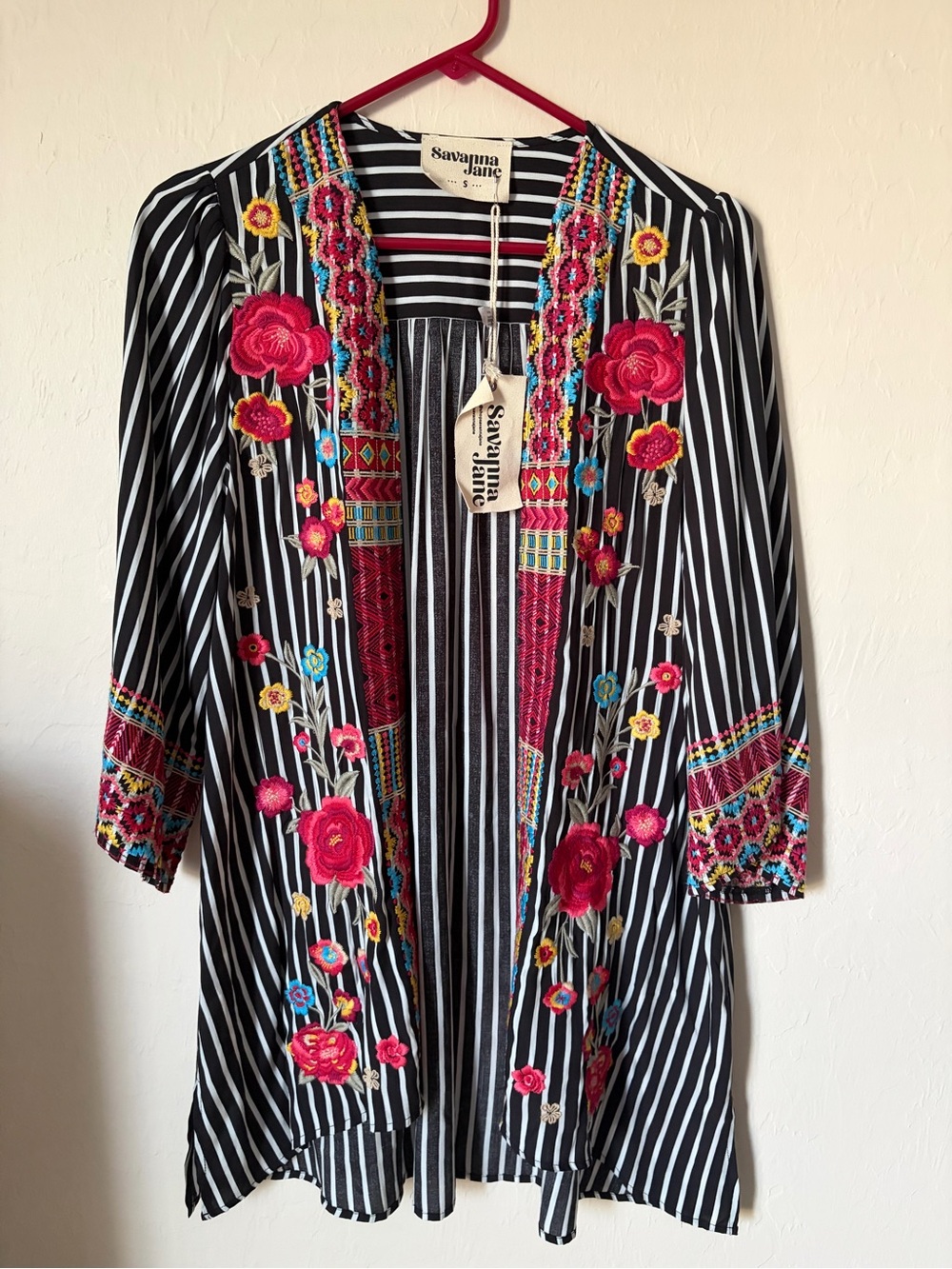 NWT Savanna Jane Black Striped Kimono Cardigan with Pink Floral Embroidery